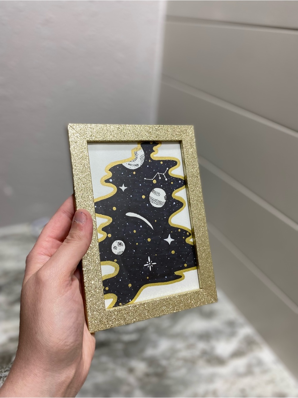 Hand Crafted Black & White Space Illustration w/ Gold Glitter Frame - Picture 3 of 8